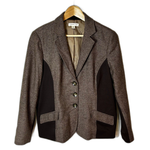 Coldwater Creek NWOT Brown Knit Panel Wool Herringbone Tweed Blazer Size 16 - Picture 3 of 14